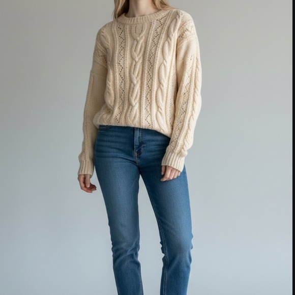 Vintage Cream Cable Chunky Hand Knit Sweater Cottagecore Boho Textured Medium - Picture 2 of 7